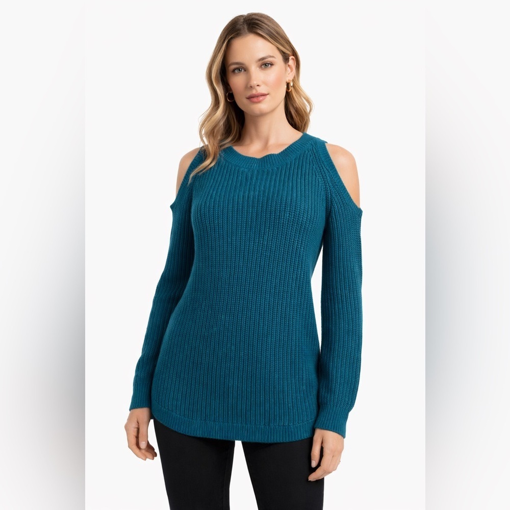 White House Black Market Teal Cold Shoulder Knit Sweater Tunic Women’s Medium